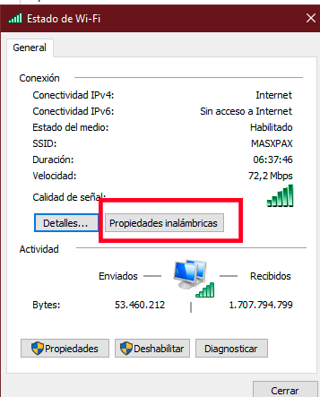 Propiedades inalámbricas Truco para recuperar contraseña de Wifi en Windows